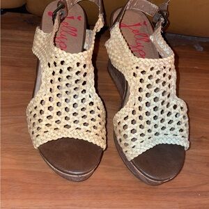 Jellypop Cream and Brown Woven Wedges
